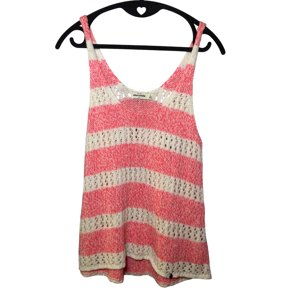 Abercrombie Girls Large Pink White Striped Pointelle Knit Tank Top Scoop Neck